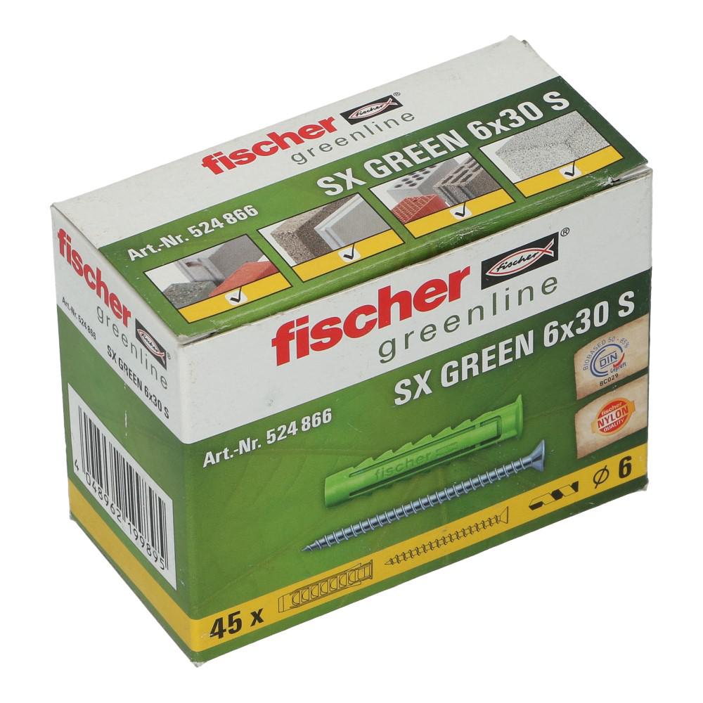 Nylon plug SX Green met rand 6x30mm met schroef 4.5x60mm PZ2 - 45 stuks Nylon plug SX Green met rand 6x30mm met schroef 4.5x60mm PZ2 - 45 stuks