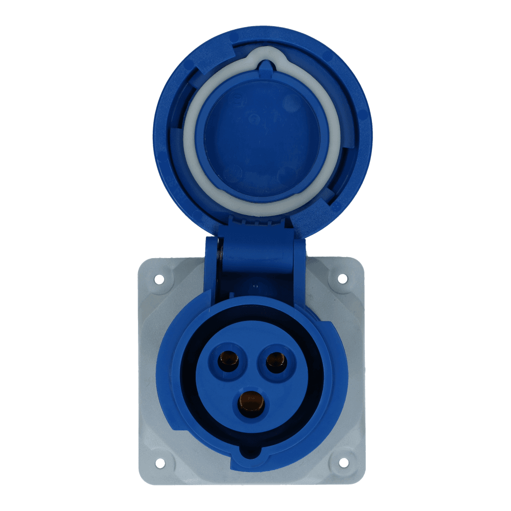 CEE female 3 polig 6H 16A IP67 inbouw wcd 220-240VAC recht CEE female 3 polig 6H 16A IP67 inbouw wcd 220-240VAC recht
