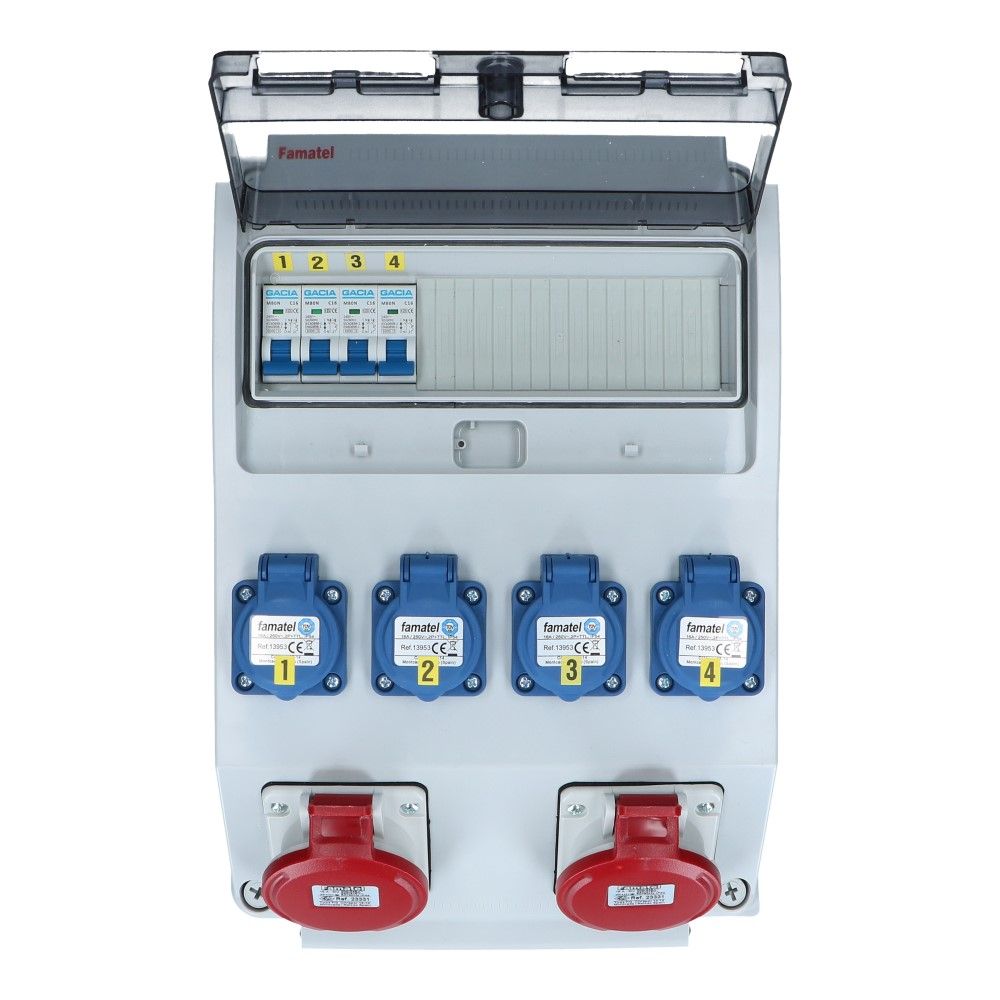 Wandverdeelkast IP44 2x CEE 16A 5p beveiligd: 4x schuko  Wandverdeelkast IP44 2x CEE 16A 5p beveiligd: 4x schuko
