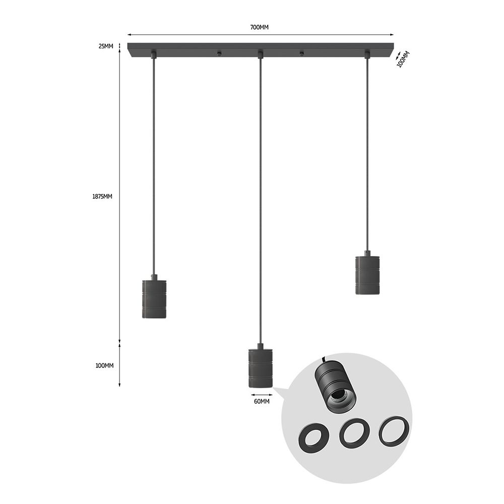Calex Retro armatuur E27 met plafondplaat 700x100mm 3x fitting zwart Calex Retro armatuur E27 met plafondplaat 700x100mm 3x fitting zwart