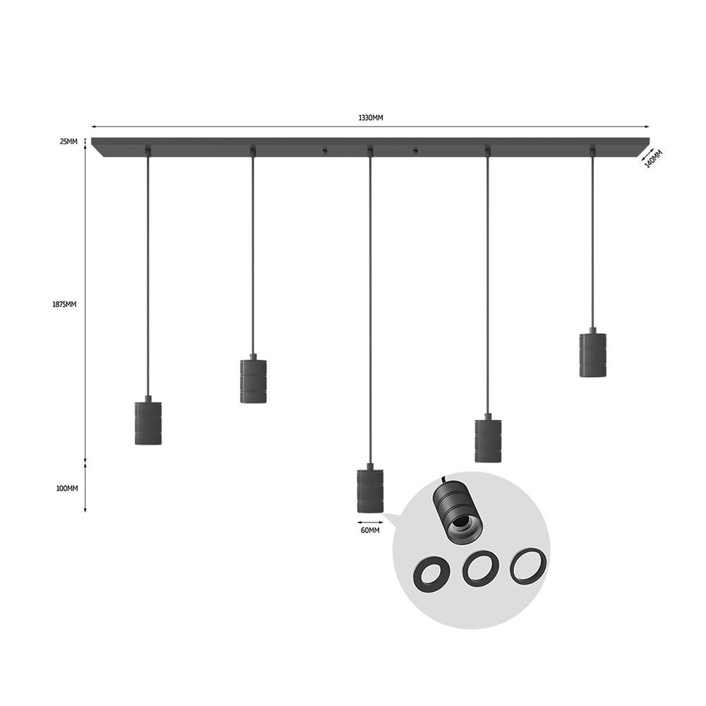 Calex Retro armatuur E27 met plafondplaat 1330x140mm 5x fitting zwart Calex Retro armatuur E27 met plafondplaat 1330x140mm 5x fitting zwart