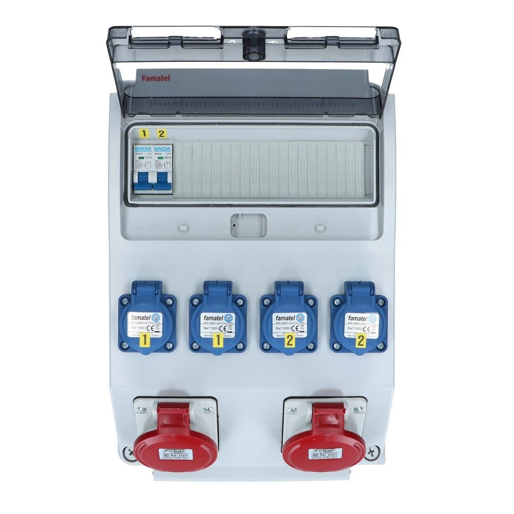 Wandverdeelkast IP44 2x CEE 16A 5p beveiligd: 4x schuko per 2 Wandverdeelkast IP44 2x CEE 16A 5p beveiligd: 4x schuko per 2