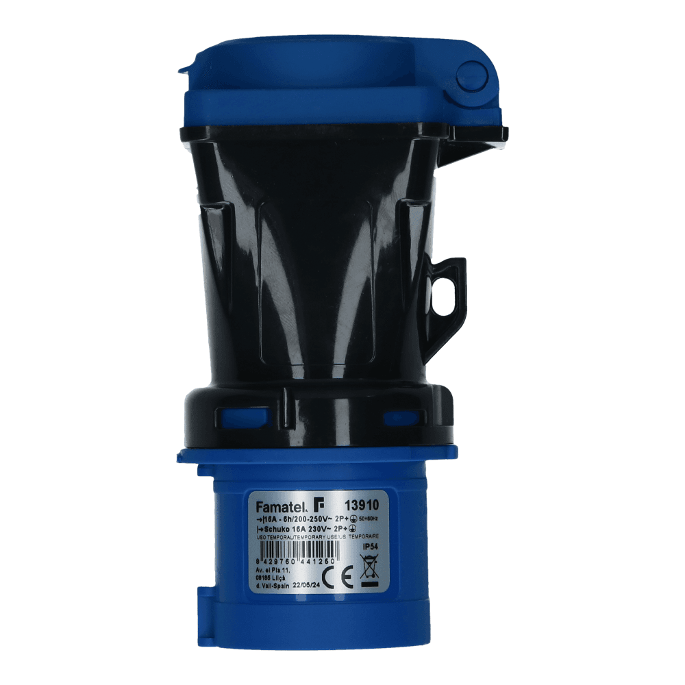 CEE adapter male 3 polig 6H 16A Schuko female IP54 CEE adapter male 3 polig 6H 16A Schuko female IP54