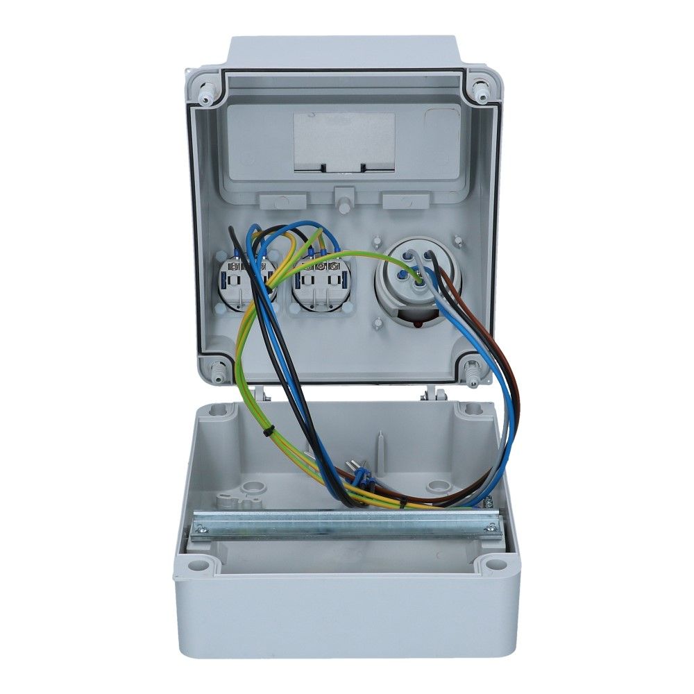 Wandverdeelkast voorbedraad IP44 1x CEE 16A 5p 2x schuko Wandverdeelkast voorbedraad IP44 1x CEE 16A 5p 2x schuko