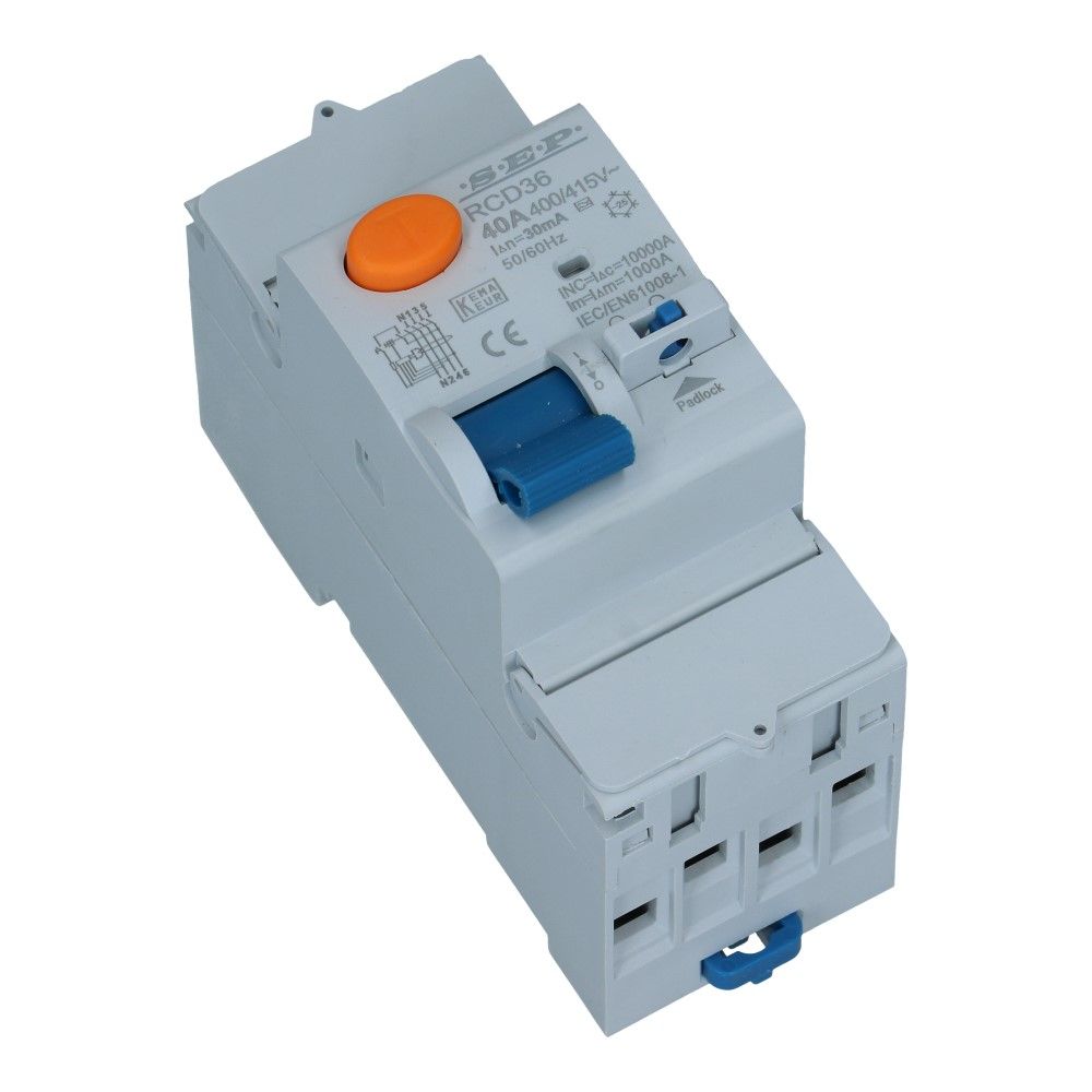 Aardlekschakelaar 40A 3 polig + nul 30mA Type A 10kA RCD36 Aardlekschakelaar 40A 3 polig + nul 30mA Type A 10kA RCD36