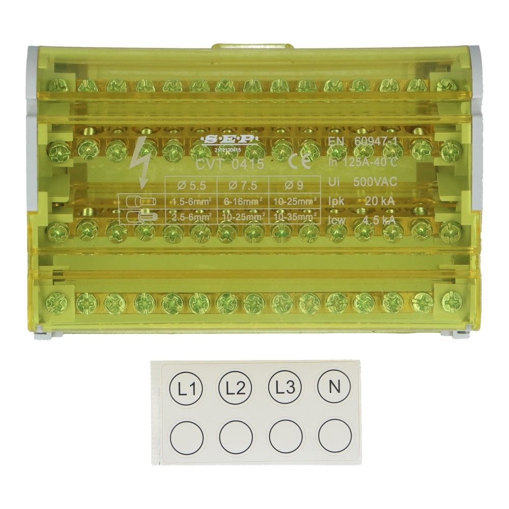 Verdeelblok CVT 125A 4 rijen 15 aansluitingen 500VAC Verdeelblok CVT 125A 4 rijen 15 aansluitingen 500VAC