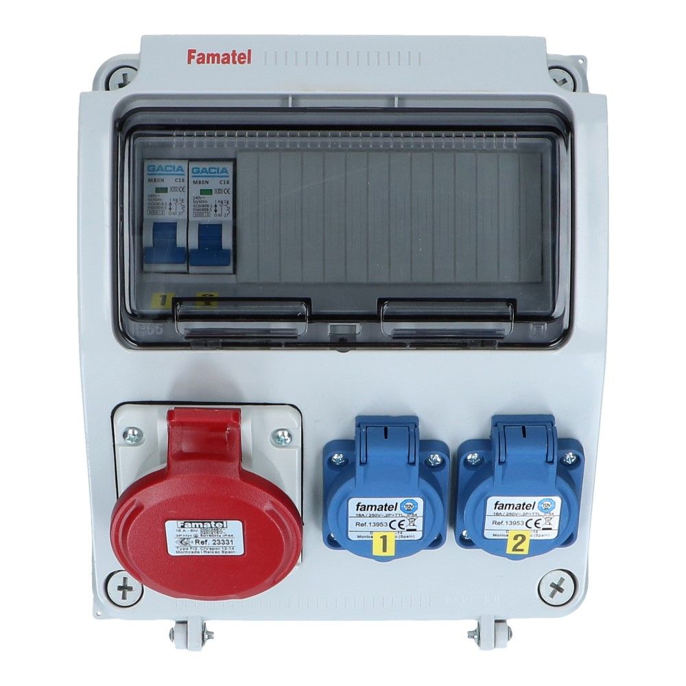 Wandverdeelkast IP44 1x CEE 16A 5p beveiligd: 2x schuko Wandverdeelkast IP44 1x CEE 16A 5p beveiligd: 2x schuko