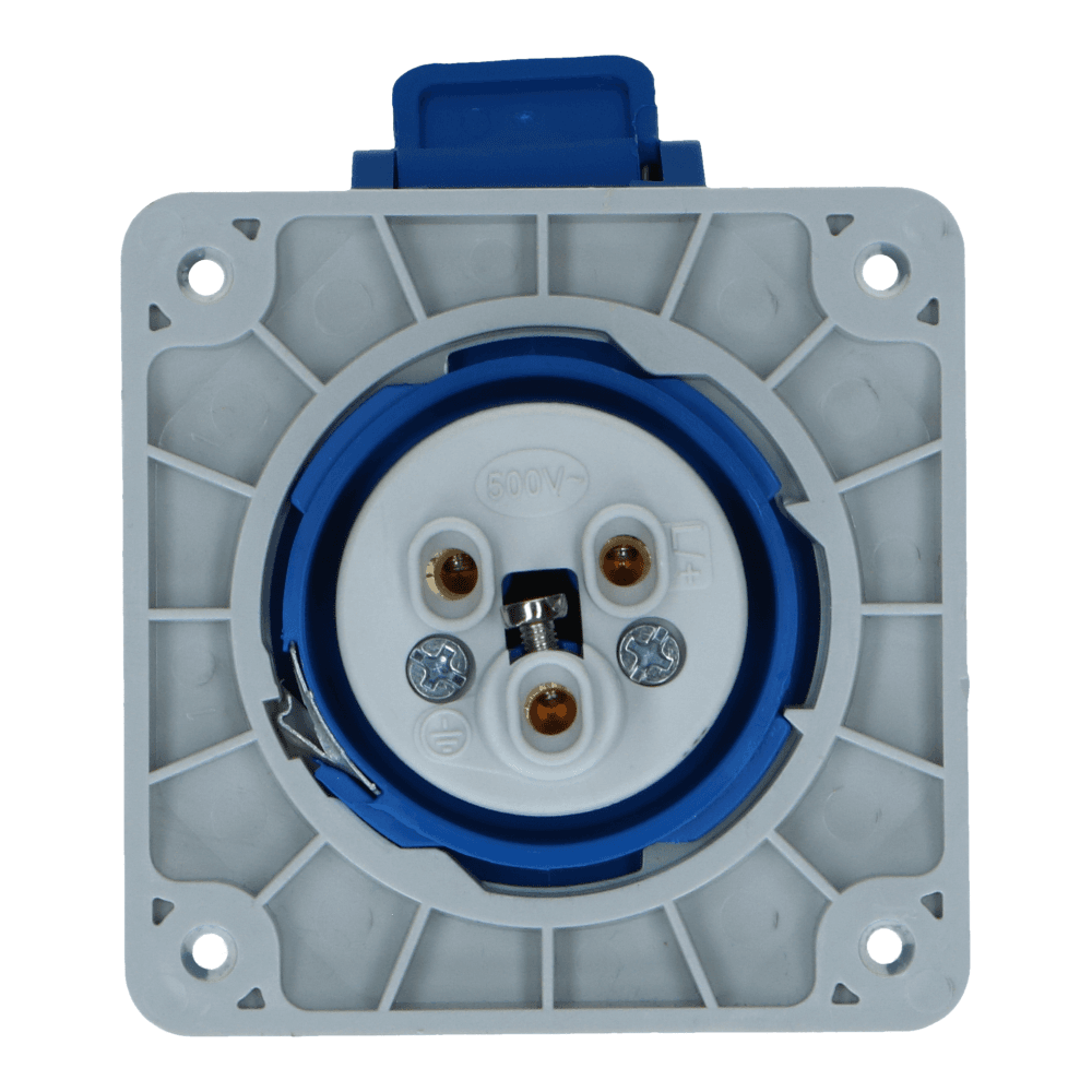 CEE female 3 polig 6H 16A IP54 inbouw wcd 220-240VAC recht CEE female 3 polig 6H 16A IP54 inbouw wcd 220-240VAC recht