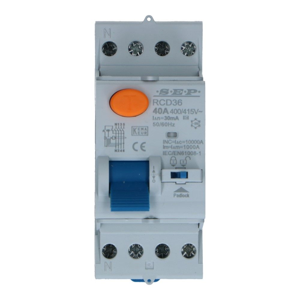 Aardlekschakelaar 40A 3 polig + nul 30mA Type A 10kA RCD36 Aardlekschakelaar 40A 3 polig + nul 30mA Type A 10kA RCD36