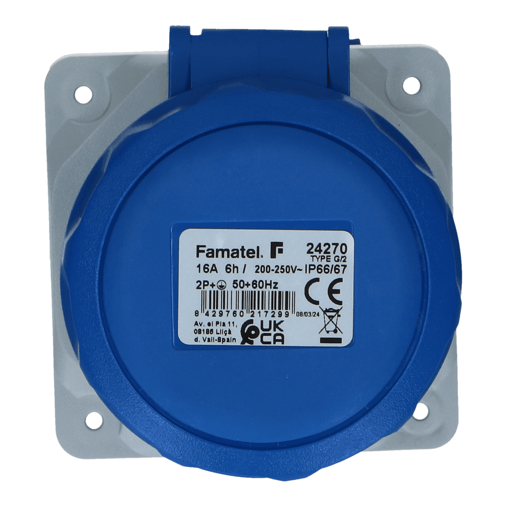 CEE female 3 polig 6H 16A IP67 inbouw wcd 220-240VAC recht CEE female 3 polig 6H 16A IP67 inbouw wcd 220-240VAC recht