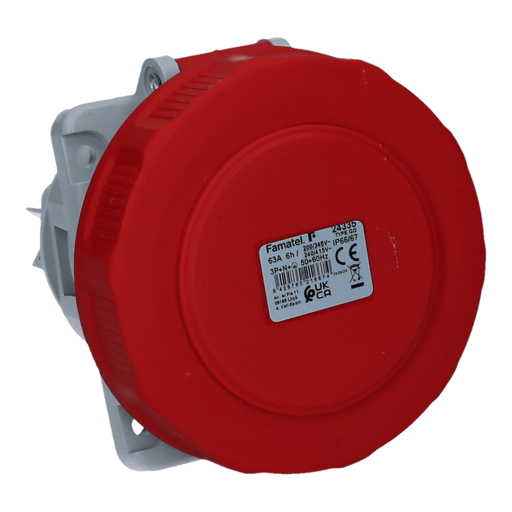 CEE female 5 polig 6H 63A IP67 inbouw wcd 380-415VAC schuin CEE female 5 polig 6H 63A IP67 inbouw wcd 380-415VAC schuin