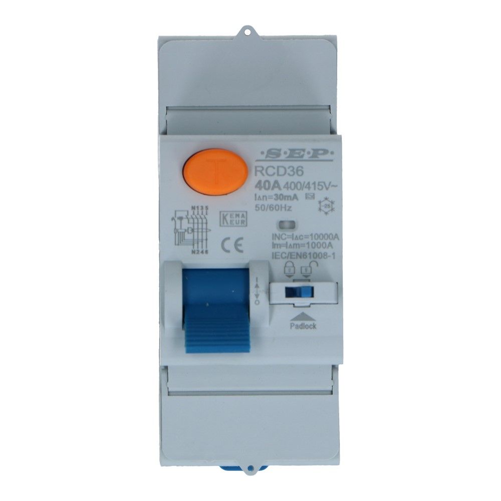 Aardlekschakelaar 40A 3 polig + nul 30mA Type A 10kA RCD36 Aardlekschakelaar 40A 3 polig + nul 30mA Type A 10kA RCD36