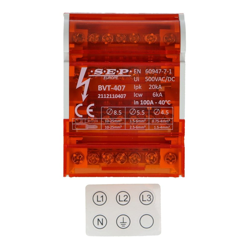 Verdeelblok BVT 100A 4 rijen 7 aansluitingen 500V AC/DC Verdeelblok BVT 100A 4 rijen 7 aansluitingen 500V AC/DC