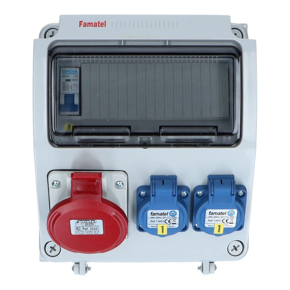 Wandverdeelkast IP44 1x CEE 16A 5p beveiligd: 2x schuko per 2 Wandverdeelkast IP44 1x CEE 16A 5p beveiligd: 2x schuko per 2