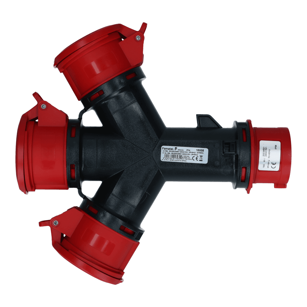 3 weg splitter 1x CEE naar 3xCEE 3p+n+e 16A 3 weg splitter 1x CEE naar 3xCEE 3p+n+e 16A