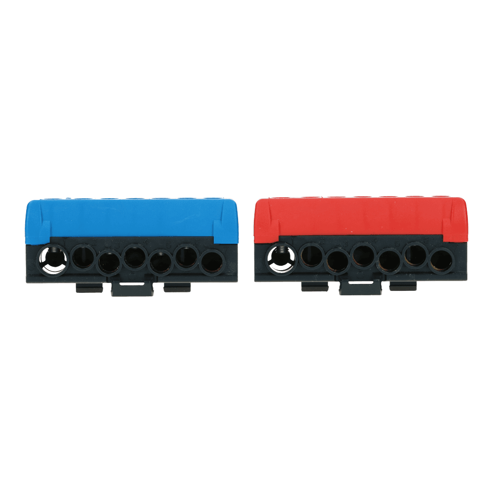 Geïsoleerde klem blauw en rood met 7 aansluitingen PrismaSeT XS Geïsoleerde klem blauw en rood met 7 aansluitingen PrismaSeT XS