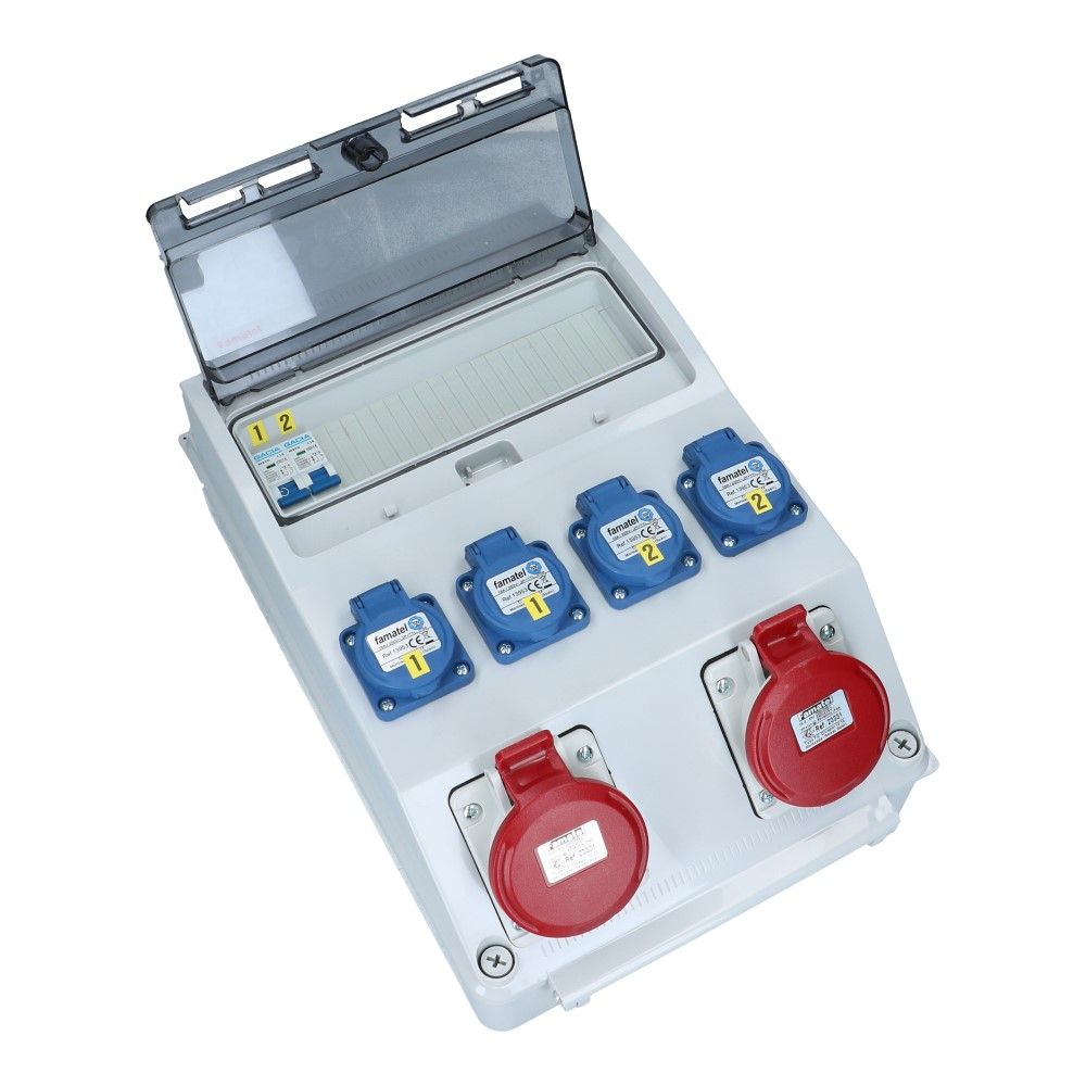 Wandverdeelkast IP44 2x CEE 16A 5p beveiligd: 4x schuko per 2 Wandverdeelkast IP44 2x CEE 16A 5p beveiligd: 4x schuko per 2