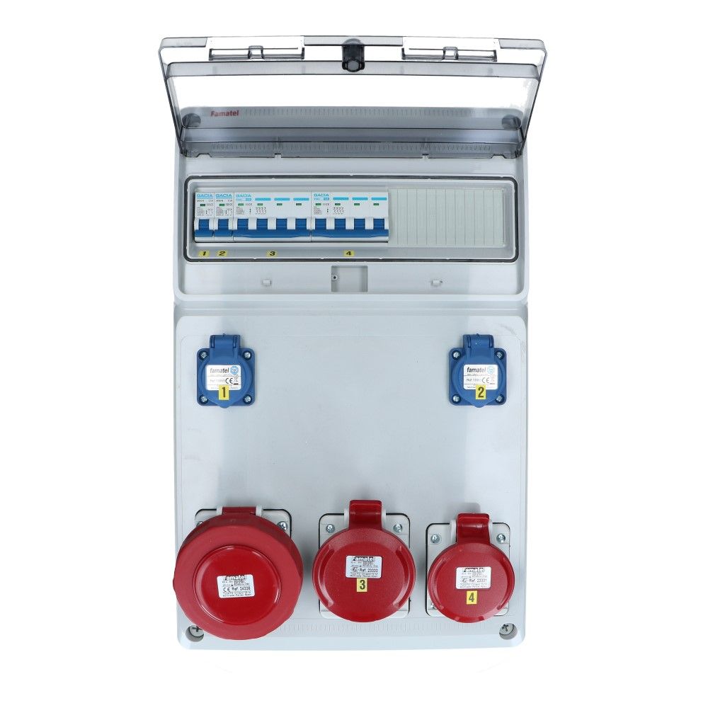 Wandverdeelkast IP44 1x CEE 63A 5p beveiligd: 1x32A 5p 1x16A 5p 2x schuko Wandverdeelkast IP44 1x CEE 63A 5p beveiligd: 1x32A 5p 1x16A 5p 2x schuko