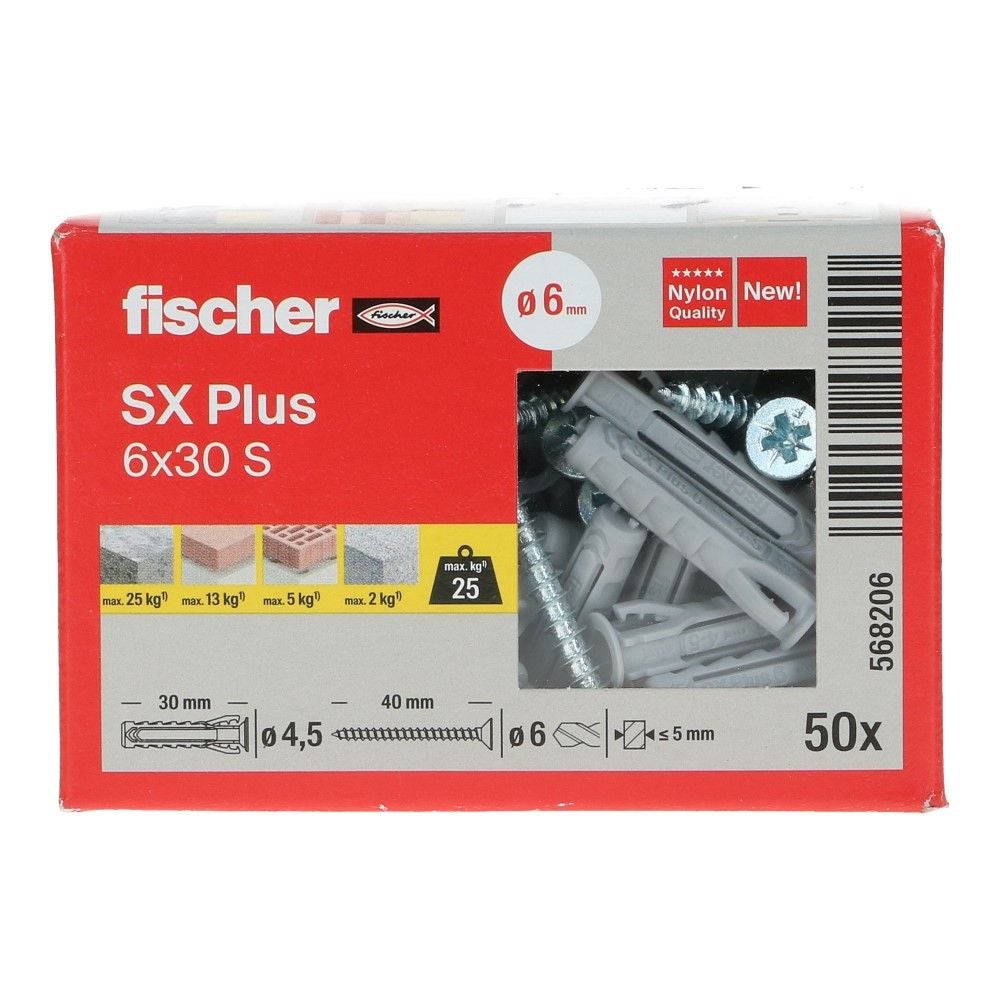 Nylon plug SX Plus met rand 6x30mm met schroef 4.5x40mm PZ2 - 50 stuks Nylon plug SX Plus met rand 6x30mm met schroef 4.5x40mm PZ2 - 50 stuks