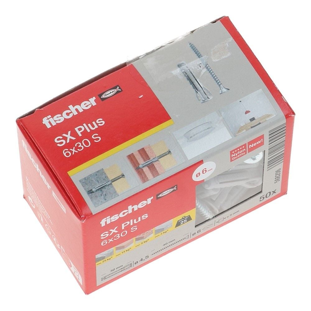 Nylon plug SX Plus met rand 6x30mm met schroef 4.5x40mm PZ2 - 50 stuks Nylon plug SX Plus met rand 6x30mm met schroef 4.5x40mm PZ2 - 50 stuks