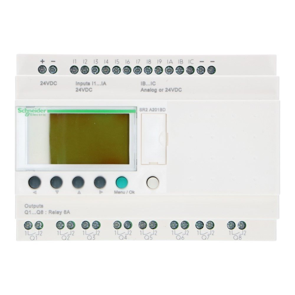 Zelio PLC zonder klok 20I-O 12in 8uit met scherm 24VDC Zelio PLC zonder klok 20I-O 12in 8uit met scherm 24VDC