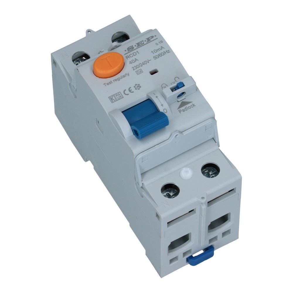 Aardlekschakelaar 40A 2 polig 30mA Type A 10kA RCD1 Aardlekschakelaar 40A 2 polig 30mA Type A 10kA RCD1