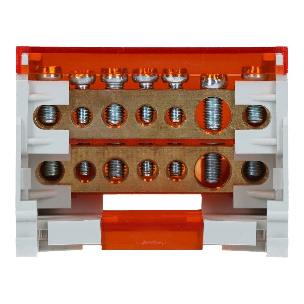 Verdeelblok BVT 100A 2 rijen 7 aansluitingen 500V AC/DC Verdeelblok BVT 100A 2 rijen 7 aansluitingen 500V AC/DC