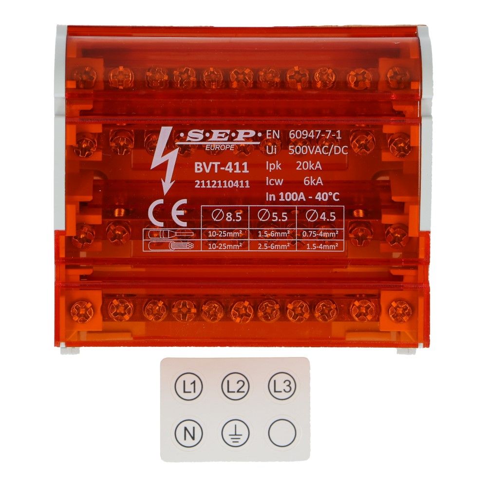 Verdeelblok BVT 100A 4 rijen 11 aansluitingen 500V AC/DC Verdeelblok BVT 100A 4 rijen 11 aansluitingen 500V AC/DC
