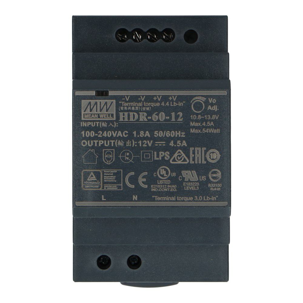 Voeding 12VDC 54W 4.5A dinrail ingang 85-264VAC Voeding 12VDC 54W 4.5A dinrail ingang 85-264VAC
