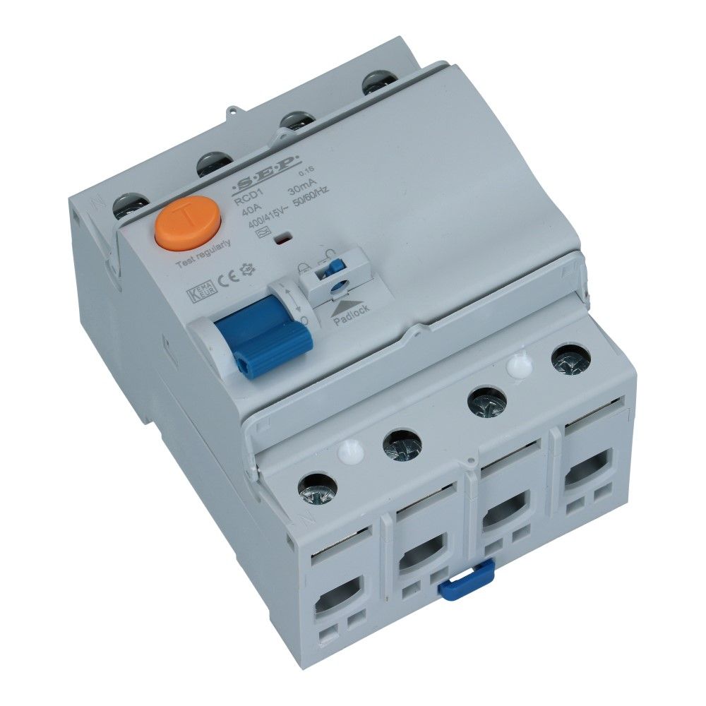 Aardlekschakelaar 40A 4 polig 30mA Type A 10kA RCD1 Aardlekschakelaar 40A 4 polig 30mA Type A 10kA RCD1