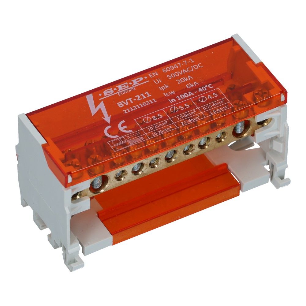 Verdeelblok BVT 100A 2 rijen 11 aansluitingen 500V AC/DC