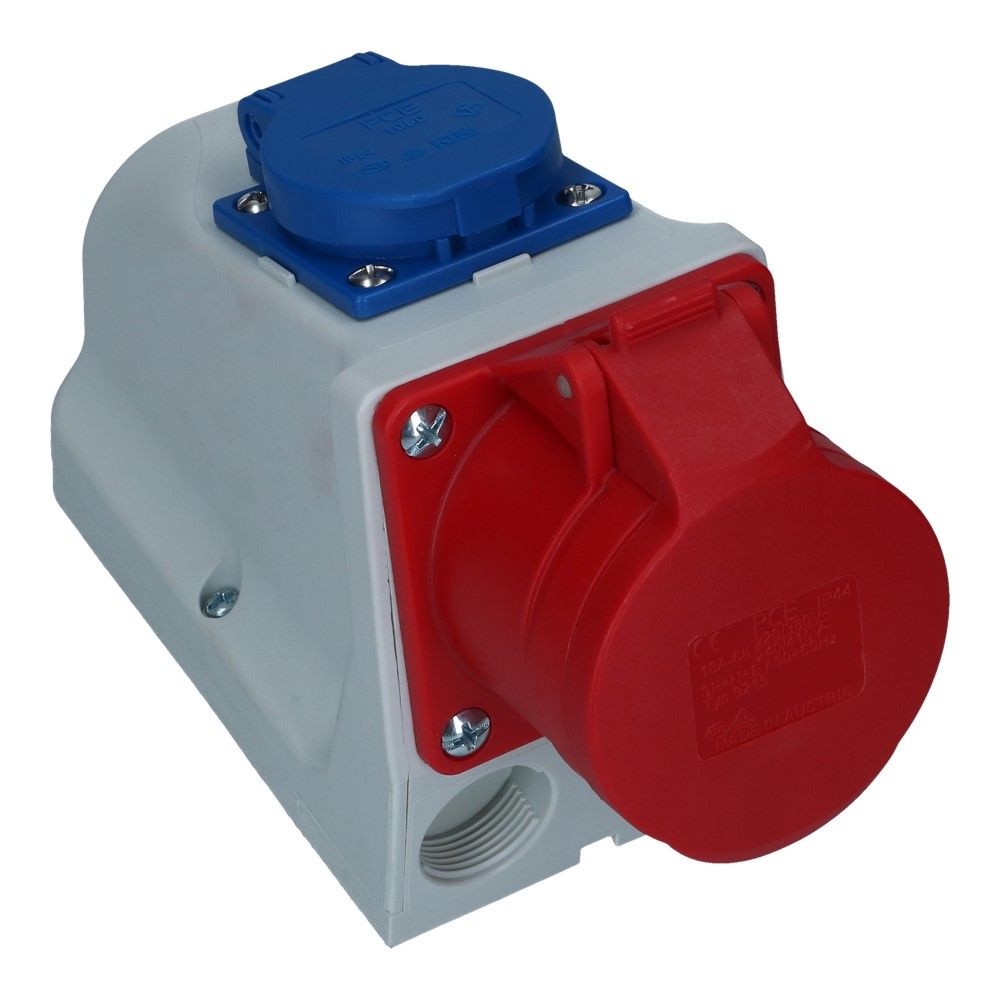 CEE female 5 polig 6H 16A IP44 wcd 380-415 VAC + schuko wcd CEE female 5 polig 6H 16A IP44 wcd 380-415 VAC + schuko wcd