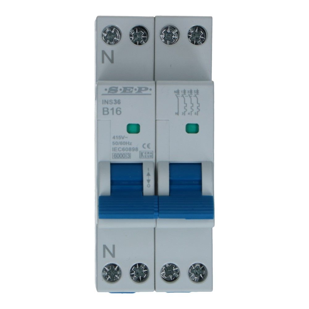 Installatieautomaat 3 polig + nul 16A karakteristiek C 6kA INS-36 Installatieautomaat 3 polig + nul 16A karakteristiek C 6kA INS-36