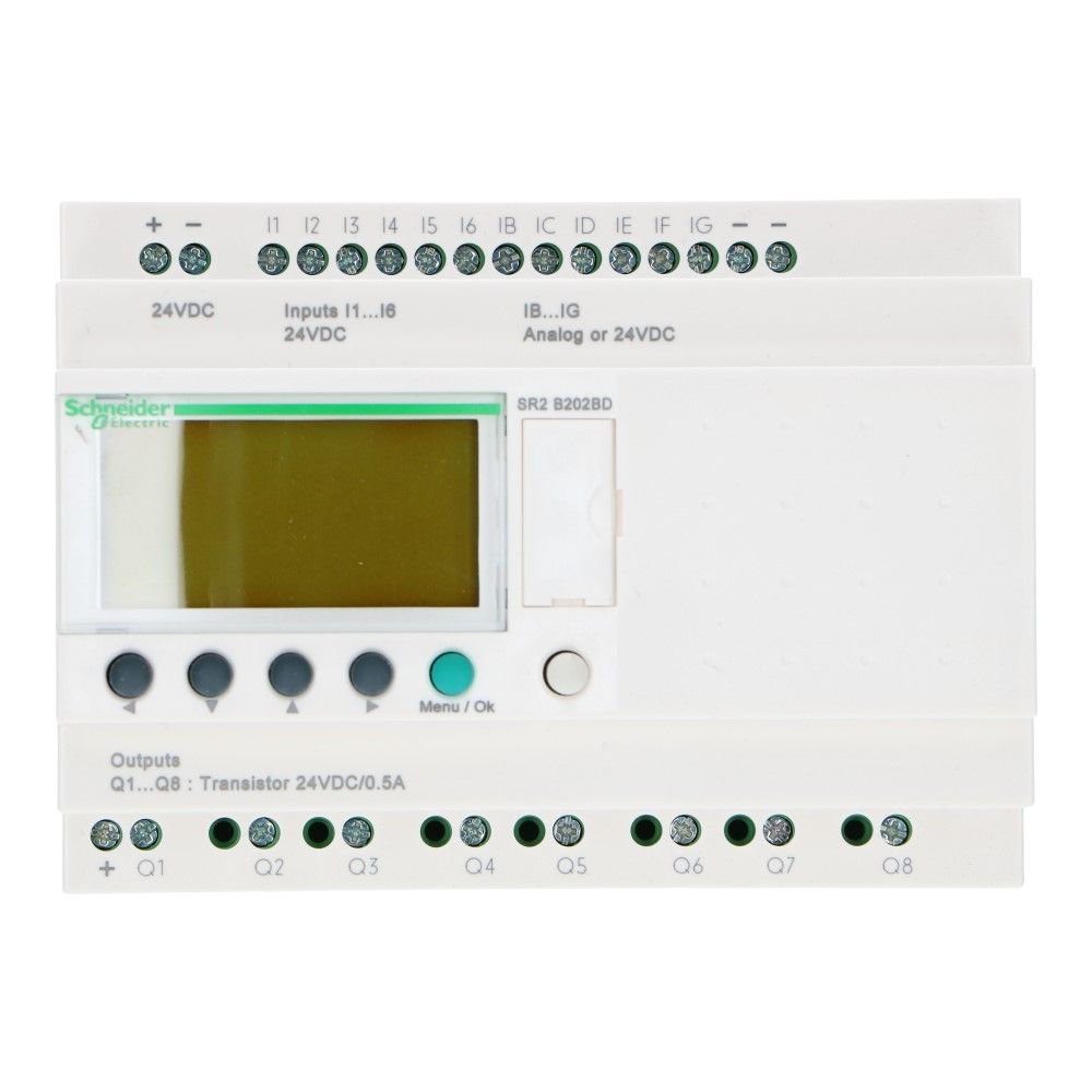 Zelio PLC met klok 20I-O 12in 8uit met scherm 24VDC SSR Zelio PLC met klok 20I-O 12in 8uit met scherm 24VDC SSR