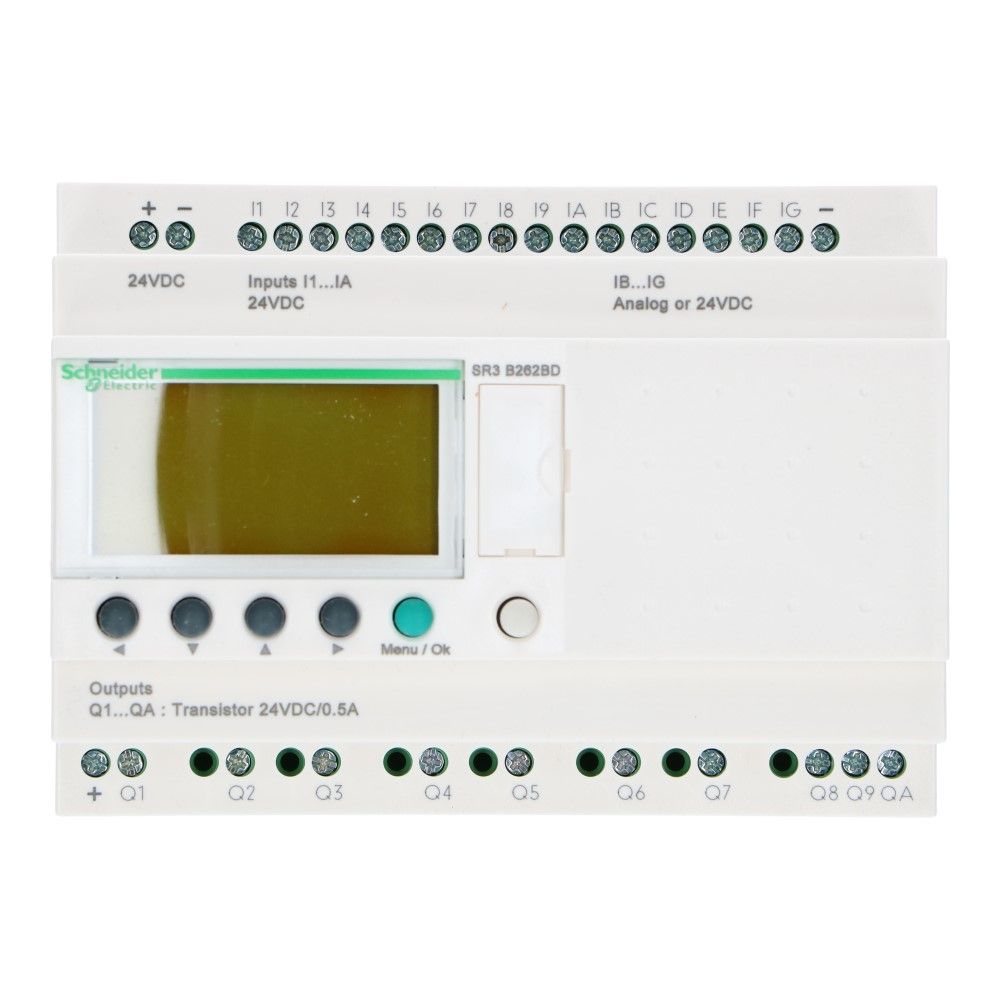 Zelio PLC met klok 26I-O 16in 10uit met scherm 24VDC SSR Zelio PLC met klok 26I-O 16in 10uit met scherm 24VDC SSR