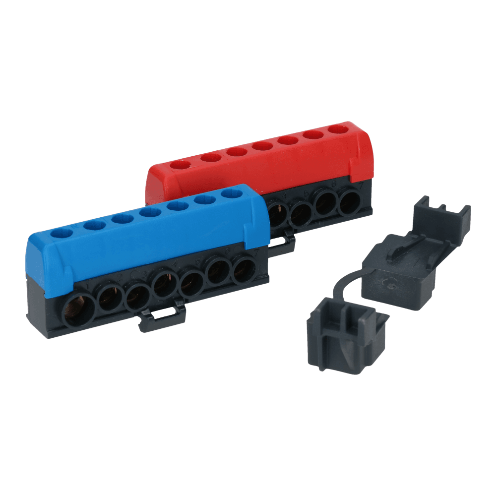Geïsoleerde klem blauw en rood met 7 aansluitingen PrismaSeT XS Geïsoleerde klem blauw en rood met 7 aansluitingen PrismaSeT XS