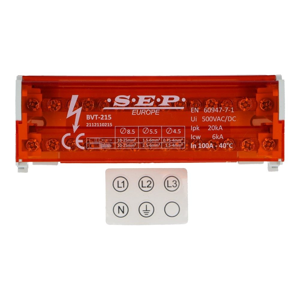 Verdeelblok BVT 100A 2 rijen 15 aansluitingen 500V AC/DC Verdeelblok BVT 100A 2 rijen 15 aansluitingen 500V AC/DC