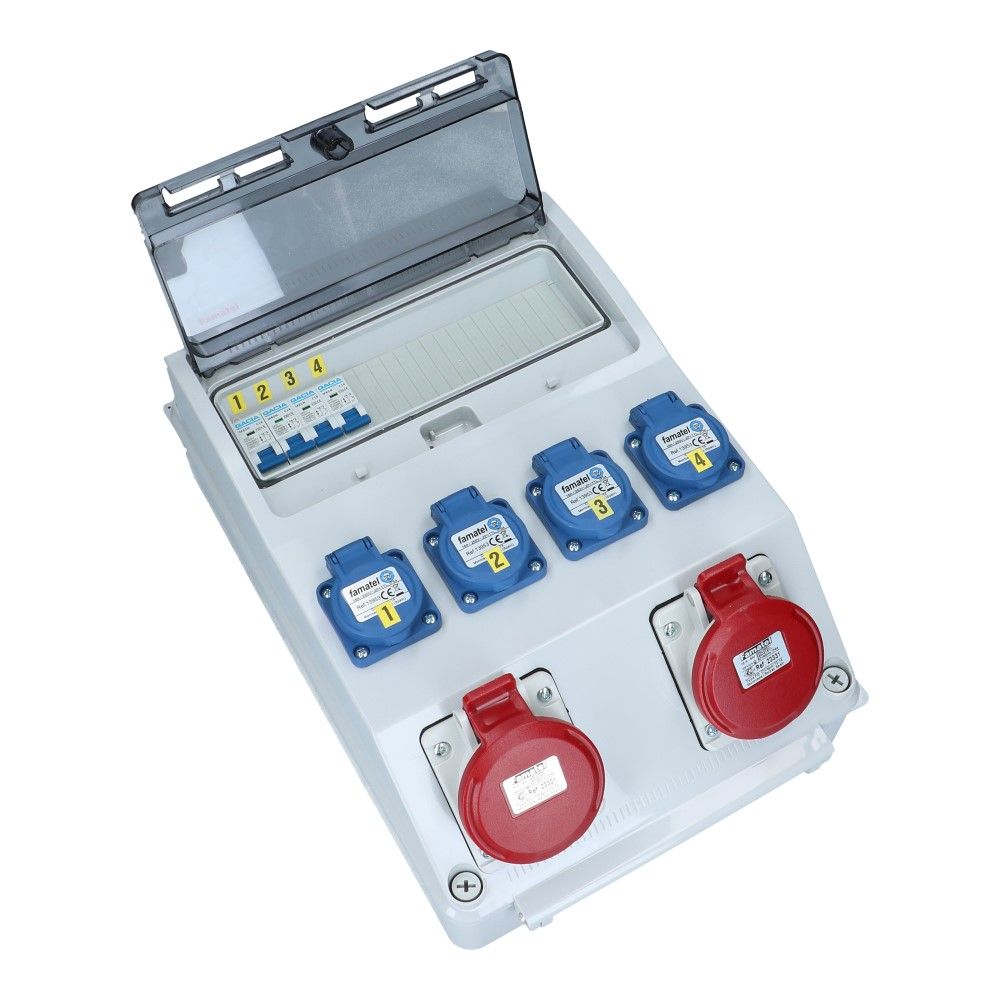Wandverdeelkast IP44 2x CEE 16A 5p beveiligd: 4x schuko  Wandverdeelkast IP44 2x CEE 16A 5p beveiligd: 4x schuko