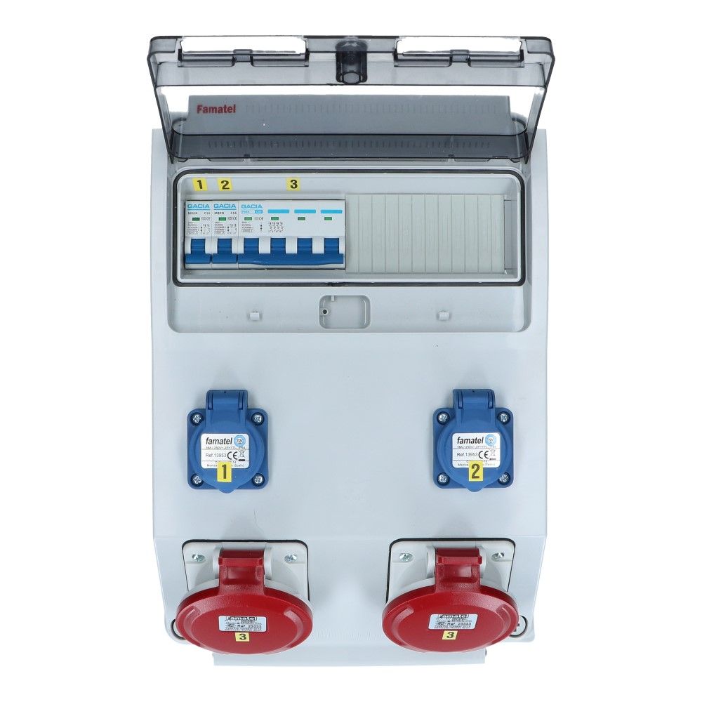 Wandverdeelkast IP44 beveiligd: 2x CEE 32A 5p per 2 - 2x schuko Wandverdeelkast IP44 beveiligd: 2x CEE 32A 5p per 2 - 2x schuko