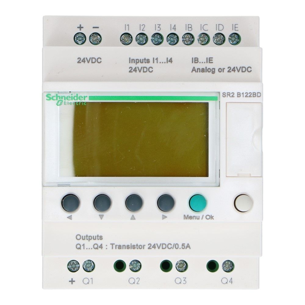 Zelio PLC met klok 12I-O 8in 4uit met scherm 24VDC SSR Zelio PLC met klok 12I-O 8in 4uit met scherm 24VDC SSR