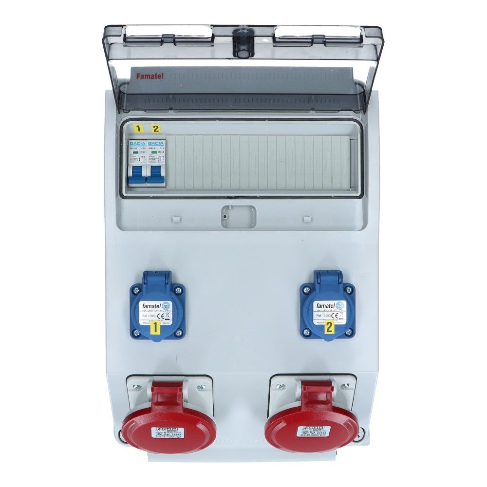 Wandverdeelkast IP44 2x CEE 32A 5p beveiligd: 2x schuko Wandverdeelkast IP44 2x CEE 32A 5p beveiligd: 2x schuko