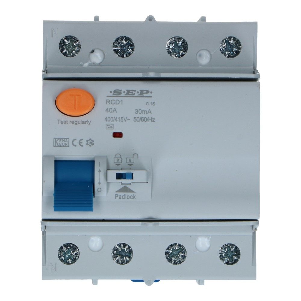 Aardlekschakelaar 40A 4 polig 30mA Type A 10kA RCD1 Aardlekschakelaar 40A 4 polig 30mA Type A 10kA RCD1