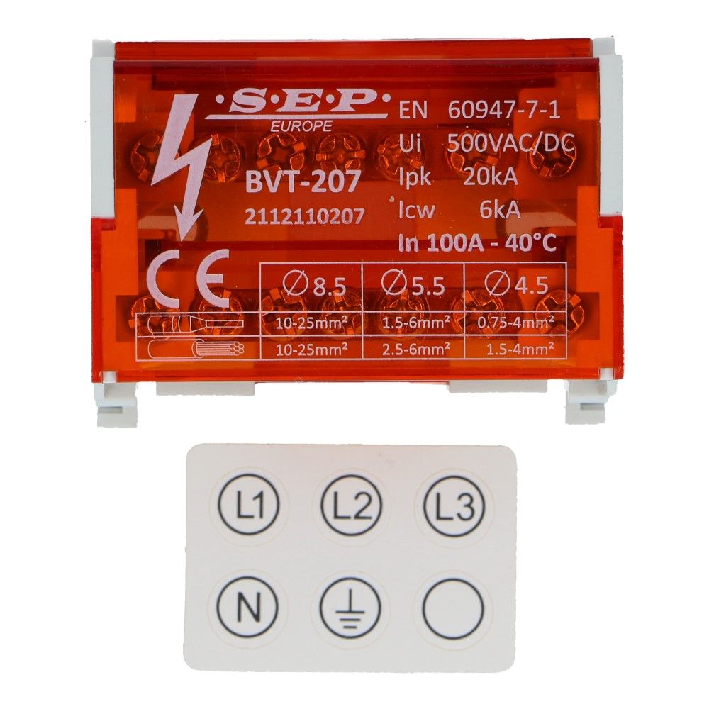 Verdeelblok BVT 100A 2 rijen 7 aansluitingen 500V AC/DC Verdeelblok BVT 100A 2 rijen 7 aansluitingen 500V AC/DC