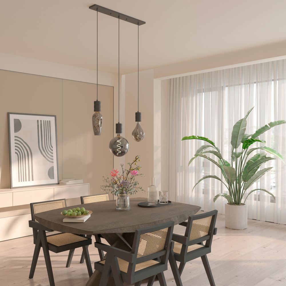 Calex Retro armatuur E27 met plafondplaat 700x100mm 3x fitting zwart Calex Retro armatuur E27 met plafondplaat 700x100mm 3x fitting zwart