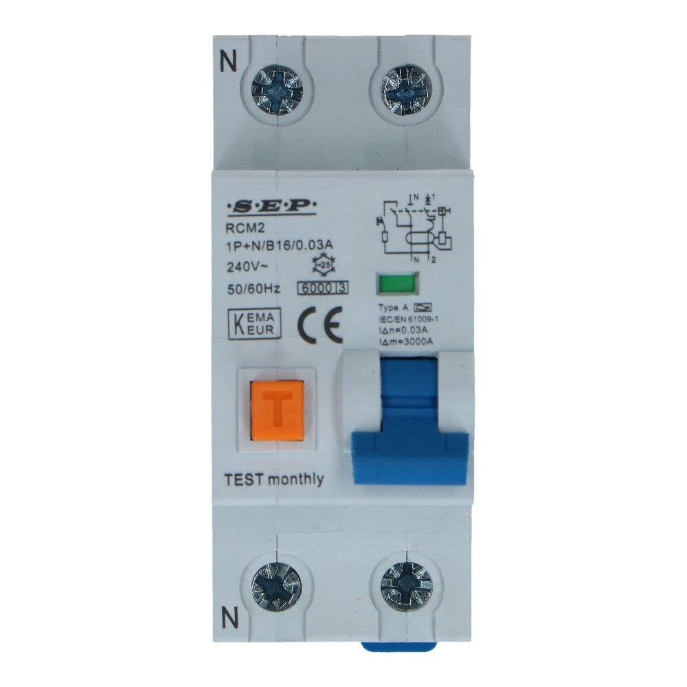 Aardlekautomaat B 16A 1 polig +nul 30mA 6kA RCM2 Aardlekautomaat B 16A 1 polig +nul 30mA 6kA RCM2