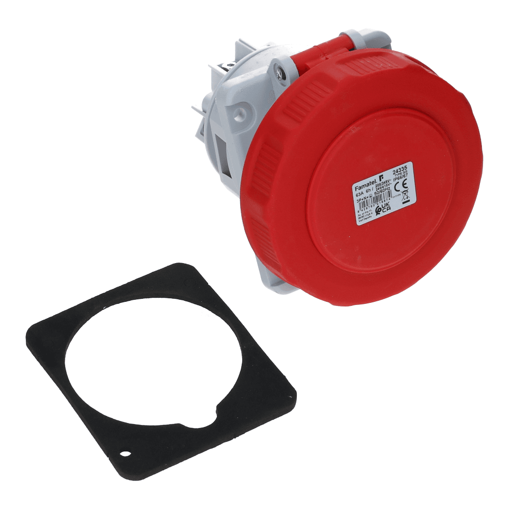 CEE female 5 polig 6H 63A IP67 inbouw wcd 380-415VAC schuin CEE female 5 polig 6H 63A IP67 inbouw wcd 380-415VAC schuin