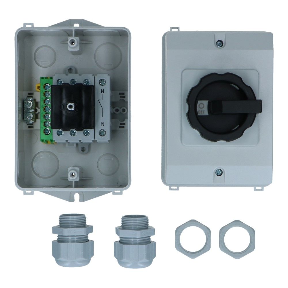 PV-werkschakelaar 25A 4 polig IP65 met 7x PE PV-werkschakelaar 25A 4 polig IP65 met 7x PE