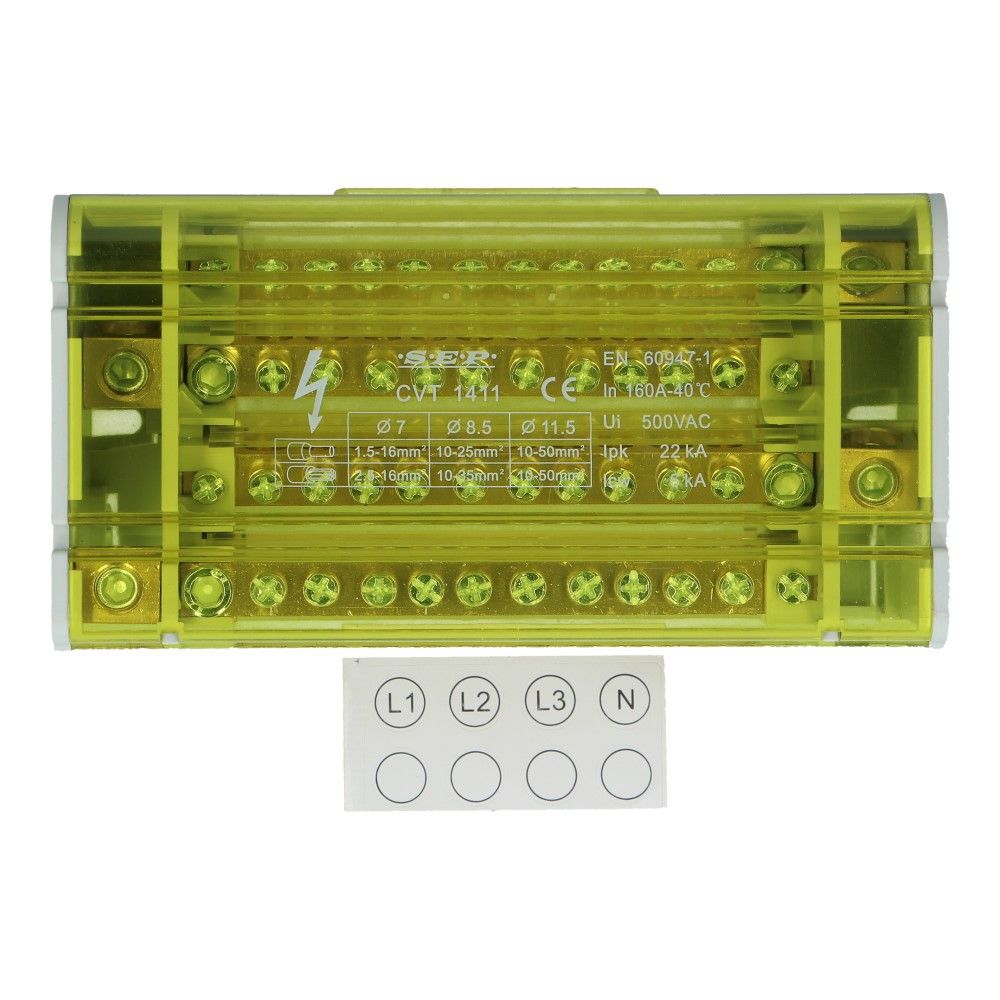 Verdeelblok CVT 160A 4 rijen 11 aansluitingen 500VAC Verdeelblok CVT 160A 4 rijen 11 aansluitingen 500VAC