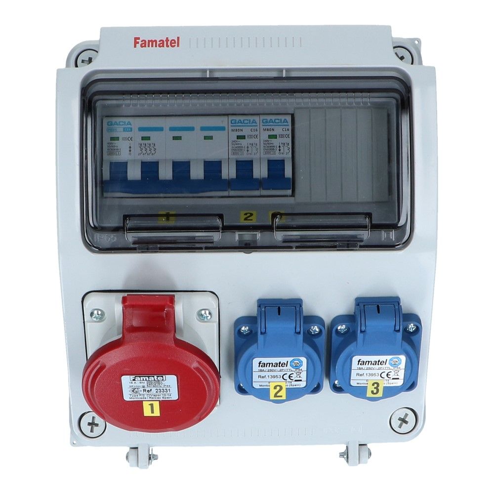 Wandverdeelkast IP44  beveiligd: 1x CEE 16A 5p 2x schuko Wandverdeelkast IP44  beveiligd: 1x CEE 16A 5p 2x schuko