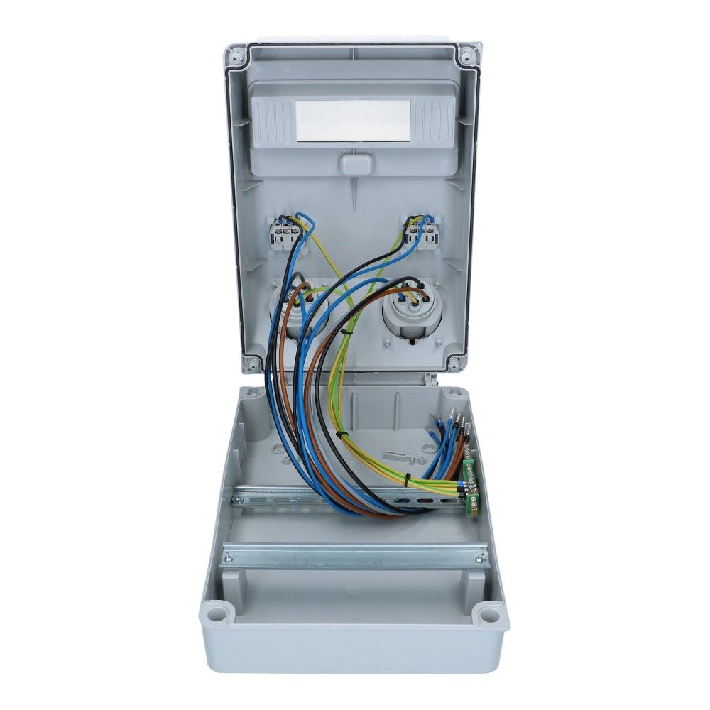 Wandverdeelkast voorbedraad IP44 2x CEE 32A 5p 2x schuko Wandverdeelkast voorbedraad IP44 2x CEE 32A 5p 2x schuko